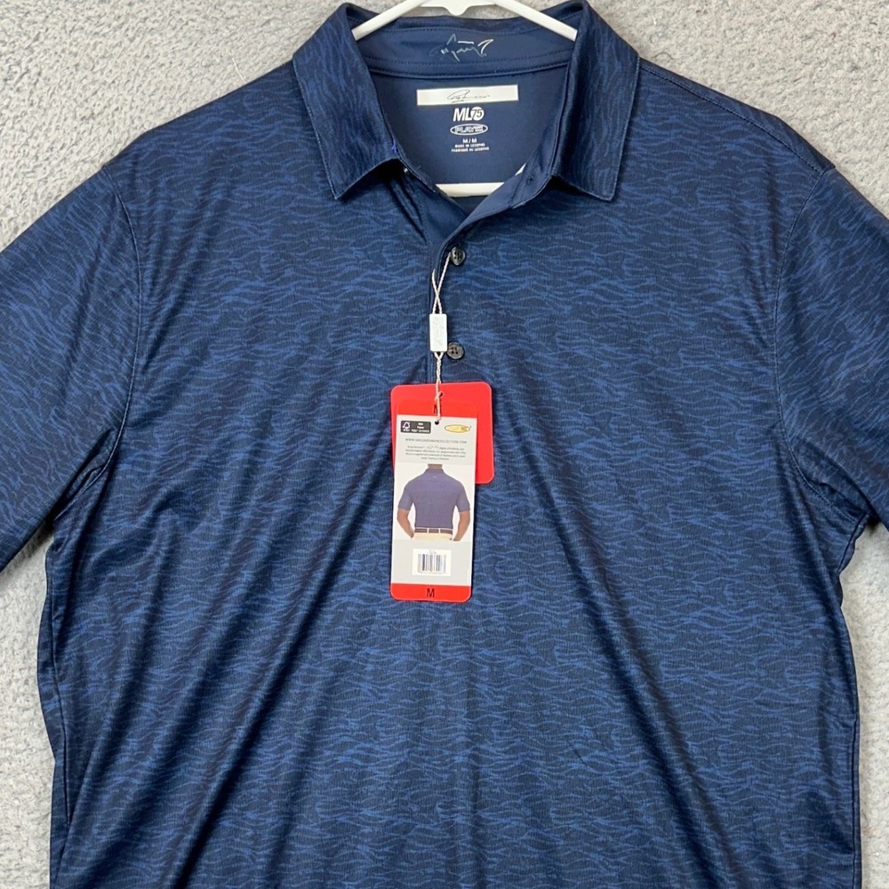 NEW Greg Norman Polo Shirt Mens Medium ML75 Play Dry Blue Golf Tonal Wave Print